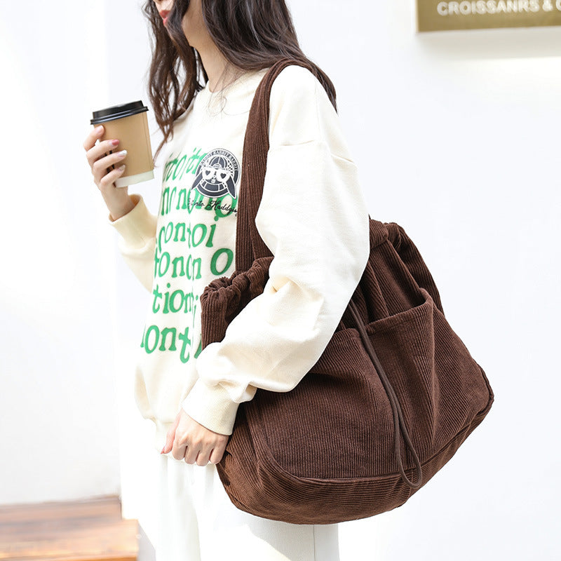 Ins Corduroy Shoulder Bags Drawstring