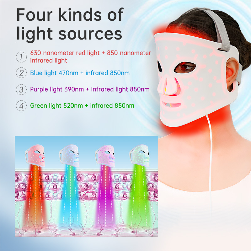 LED Face Mask for Skin Rejuvenation - Red, Blue, Green & Purple 98 Light Beads Therapy