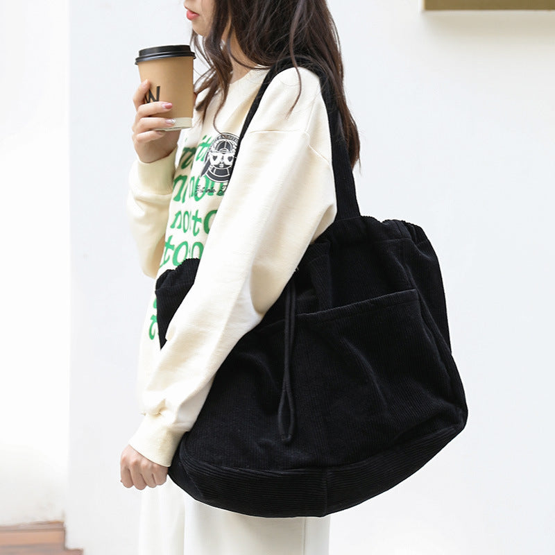 Ins Corduroy Shoulder Bags Drawstring