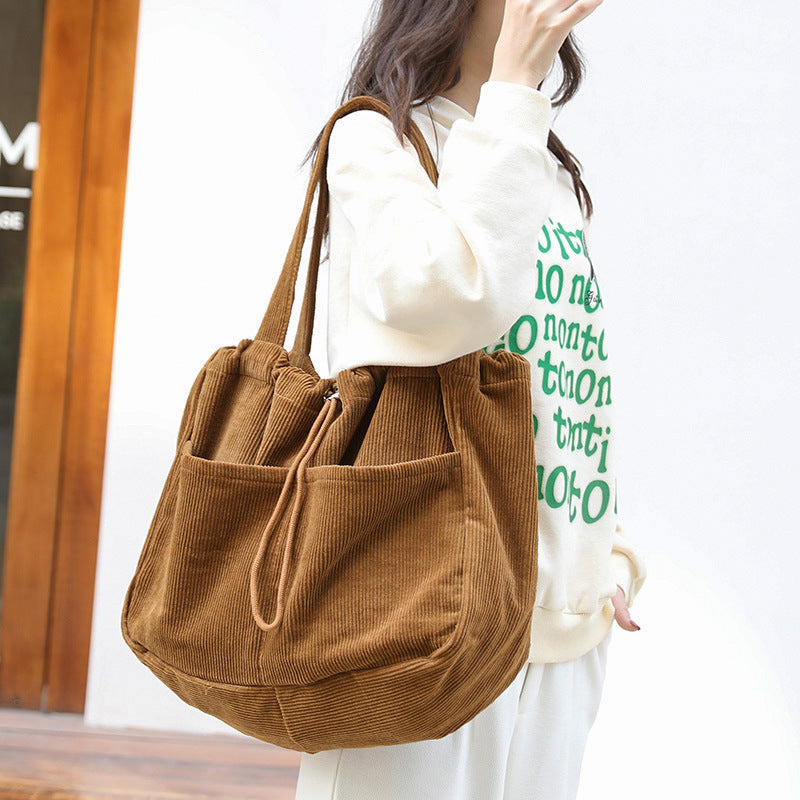 Ins Corduroy Shoulder Bags Drawstring