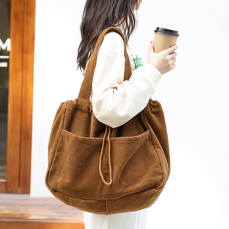 Ins Corduroy Shoulder Bags Drawstring