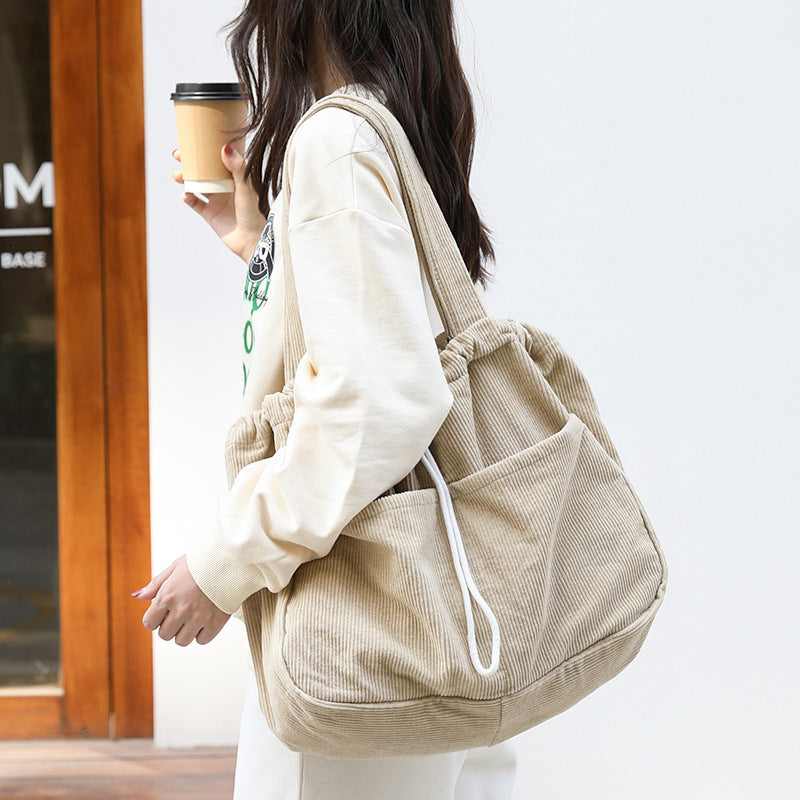 Ins Corduroy Shoulder Bags Drawstring