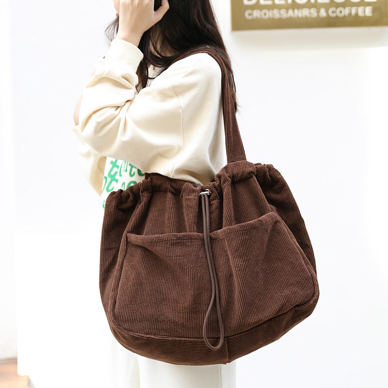 Ins Corduroy Shoulder Bags Drawstring